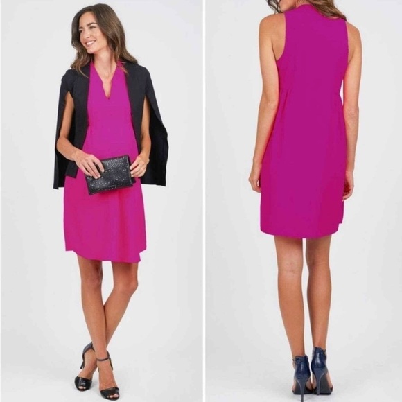 Amanda Uprichard x Le Tote Split Neck Magenta Fuchsia Maternity Babydoll Dress - Picture 12 of 13